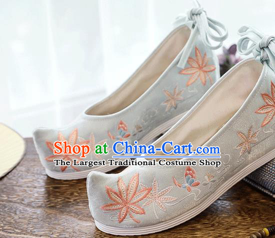 China Handmade Light Blue Cloth Shoes Traditional National Woman Shoes Embroidered Maple Leaf Shoes