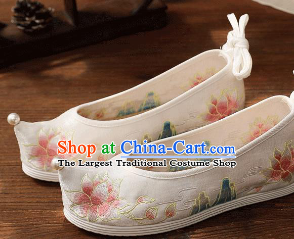 China White Embroidered Lotus Shoes Handmade Hanfu Bow Shoes Traditional National Woman Cloth Shoes