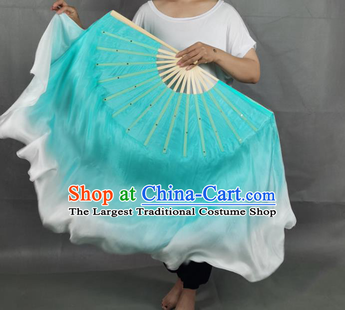 China Classical Dance Blue Silk Fan Jiaozhou Yangko Dance Folding Fan Group Dance Long Ribbon Fan