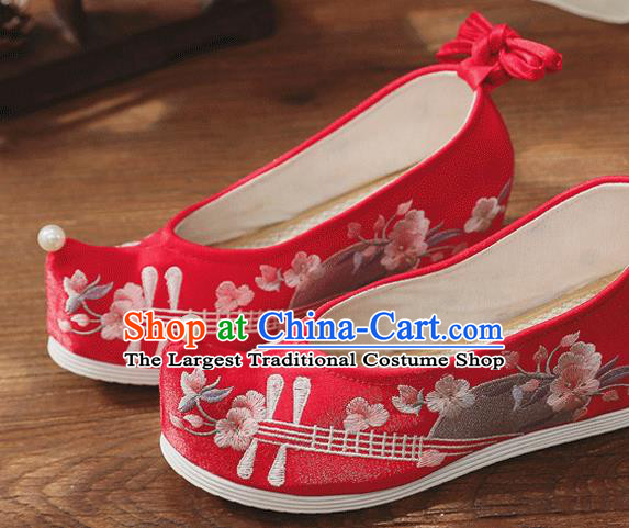 China Handmade Bride Red Bow Shoes Wedding Shoes Embroidered Lute Shoes