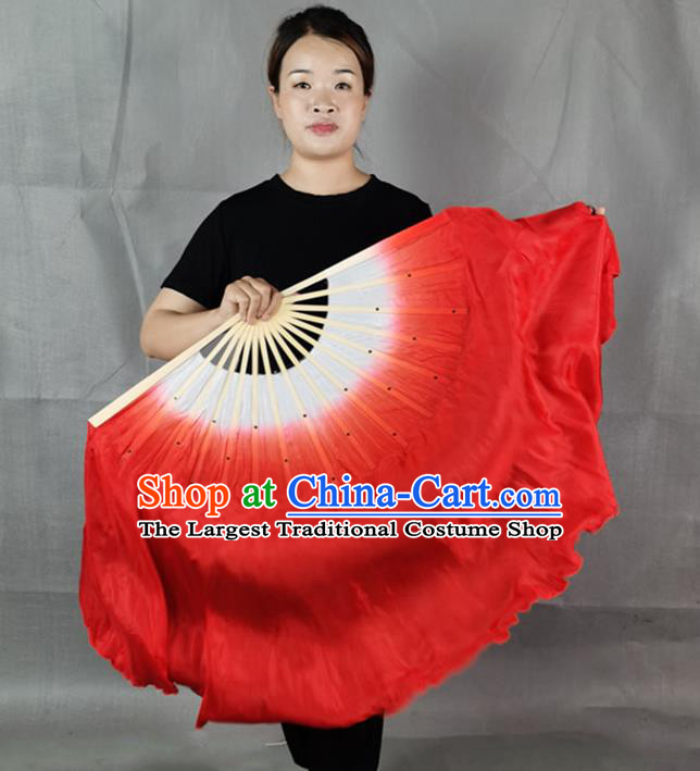 China Classical Dance Red Silk Fan New Year Yangko Dance Performance Folding Fan Long Ribbon Fan