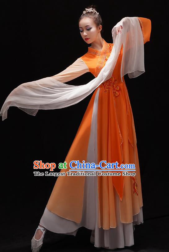 Chinese Traditional Woman Water Sleeve Dance Orange Dress Jiangnan Umbrella Dance Outfits Classical Dance Clothing