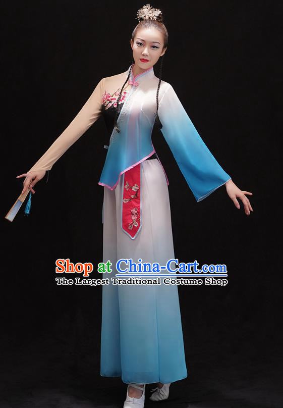 China Women Group Dance Performance Costume Yangko Dance Blue Uniforms Folk Dance Fan Dance Clothing