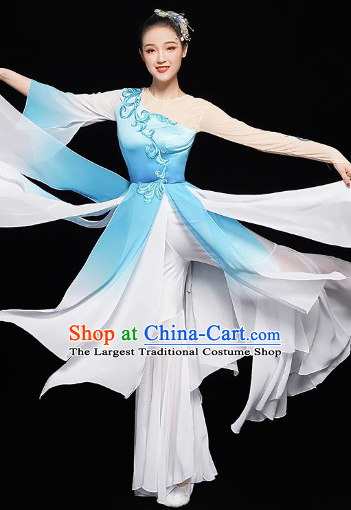 Chinese Fan Dance Blue Dress Traditional Umbrella Dance Costumes Classical Dance Clothing