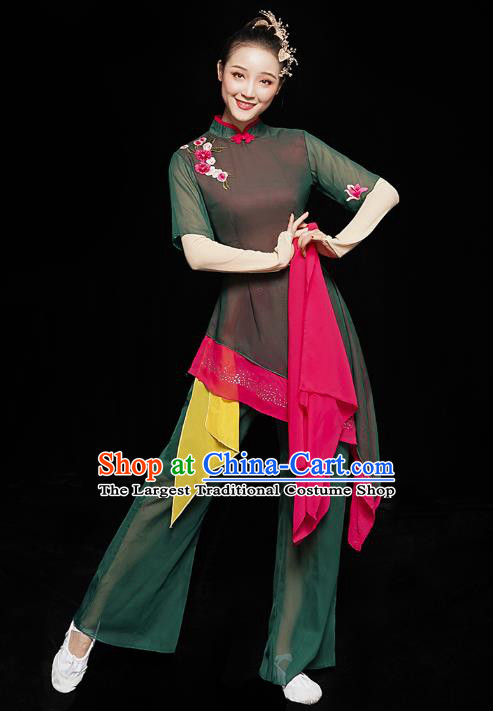 China Folk Dance Clothing Woman Yangge Dance Costume Yangko Dance Performance Dark Green Uniforms