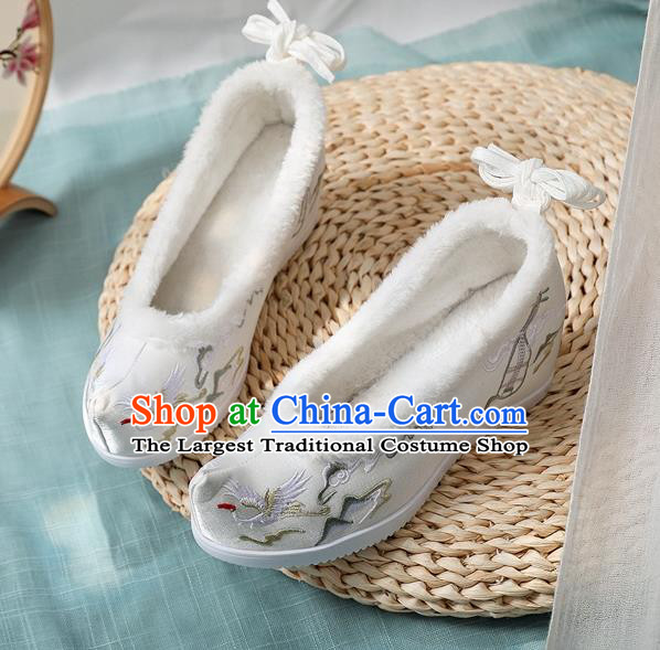 Chinese Classical Dance Wedge Heel Shoes Embroidered Cloud Crane White Cloth Shoes National Winter Shoes