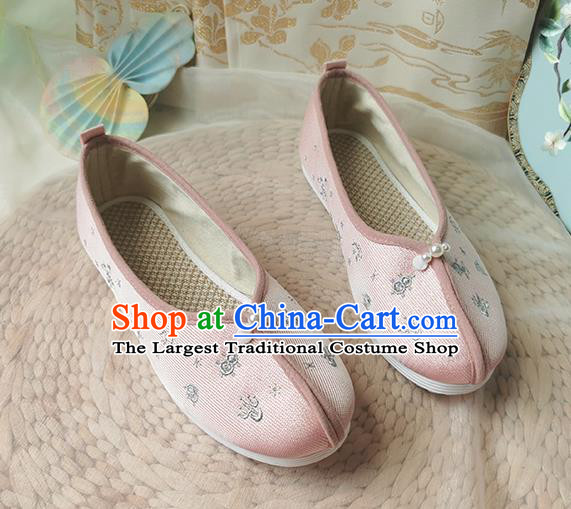 China Traditional Hanfu Shoes Song Dynasty Pearls Embroidered Shoes Ancient Princess Pink Cloth Shoes