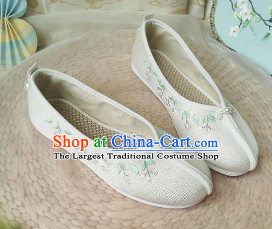 China Song Dynasty Embroidered Shoes Ancient Princess Beige Cloth Shoes Traditional Hanfu Shoes