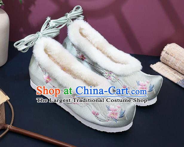 Chinese Classical Wedge Heel Shoes National Winter Shoes Traditional Embroidered Grey Satin Shoes