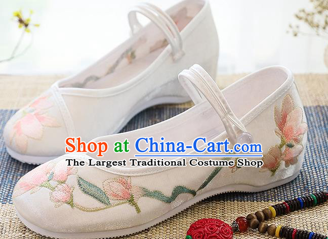 Chinese Traditional Classical Dance Shoes Embroidered Mangnolia White Shoes Hanfu Shoes