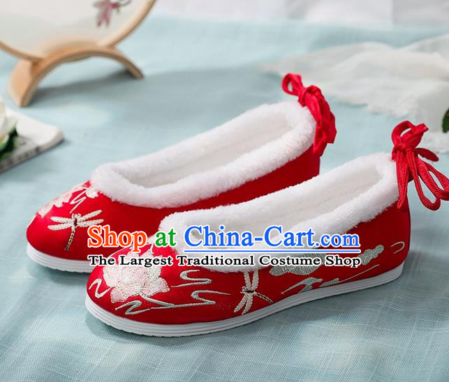 Chinese National Woman Winter Shoes Traditional Wedding Shoes Red Cloth Shoes Embroidered Lotus Shoes