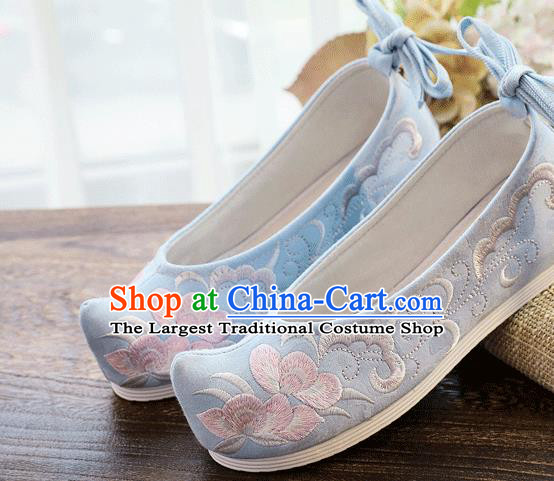 China Handmade Folk Dance Shoes Embroidered Blue Cloth Bow Shoes Traditional Hanfu Shoes