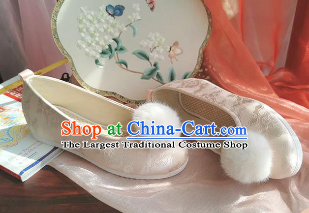 China Ancient Princess Shoes Traditional Hanfu Shoes Handmade Ming Dynasty Champagne Satin Shoes