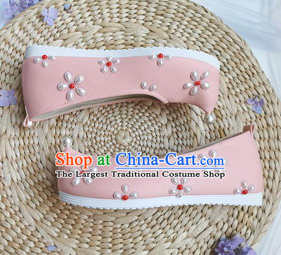 China Traditional Song Dynasty Pearls Shoes Ancient Princess Bow Shoes Handmade Hanfu Pink Cloth Shoes