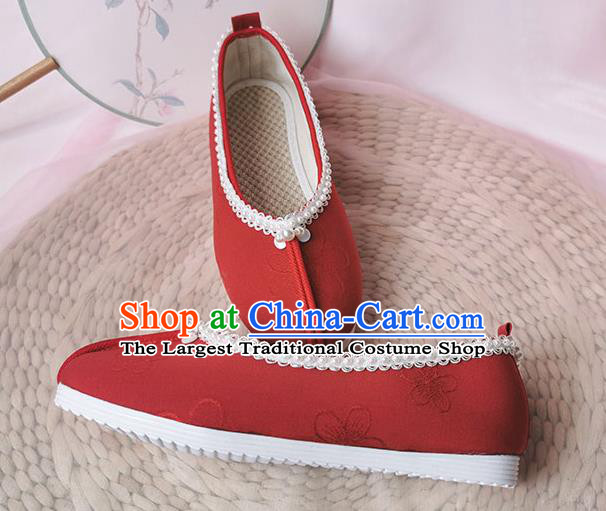 China Ancient Princess Shoes Classical Dark Red Cloth Shoes Traditional Song Dynasty Hanfu Pearls Shoes