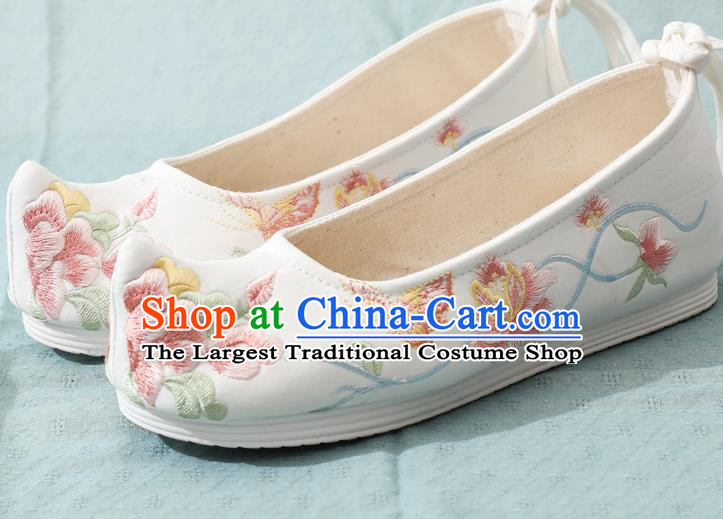 China Ancient Ming Dynasty Princess Shoes Traditional Hanfu Bow Shoes Embroidery Peony Butterfly Shoes