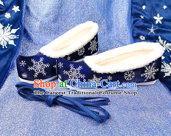 China Traditional Hanfu Embroidered Snowflake Shoes Ancient Princess Shoes Classical Royalblue Cloth Shoes