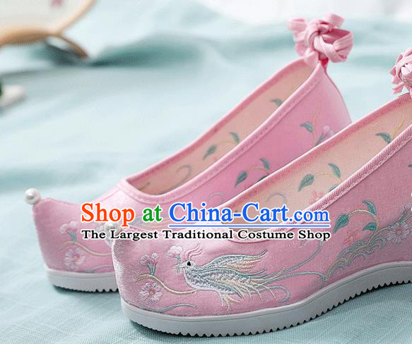 China Traditional Hanfu Embroidered Phoenix Pink Cloth Shoes Handmade Folk Dance Wedge Shoes National Woman Shoes