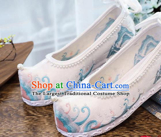 China Handmade Folk Dance Pearls Shoes National Woman White Shoes Traditional Hanfu Embroidered Wave Shoes