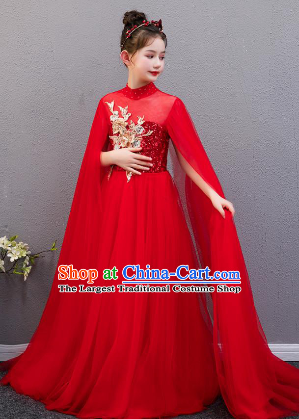 Top Grade Children Catwalks Costume Girl Compere Red Veil Dress Stage Performance Fashion