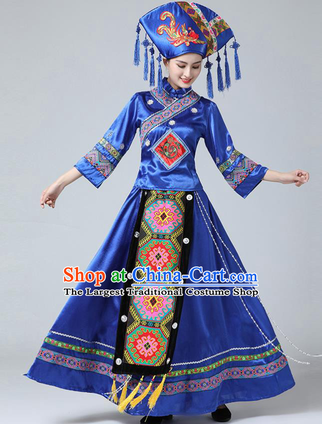 China Zhuang Nationality Clothing Guangxi Minority Folk Dance Outfits Ethnic Stage Performance Royalblue Dress and Headwear