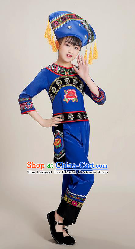 Chinese Zhuang Nationality Children Performance Costumes Guangxi Ethnic Folk Dance Royalblue Blouse and Pants Outfits