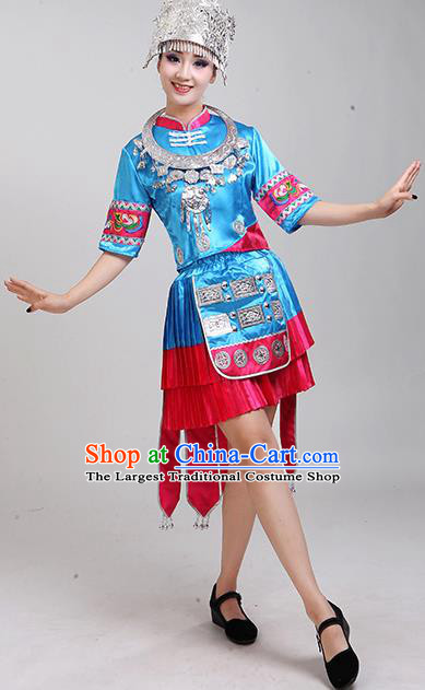 China Yao Minority Blue Outfits Nationality Folk Dance Clothing Tujia Ethnic Performance Dress and Hat