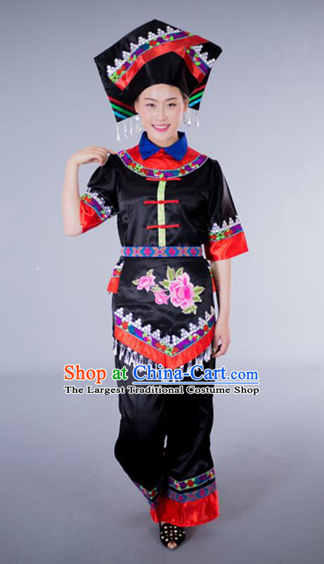 China Guangxi Nationality Folk Dance Clothing Zhuang Ethnic Performance Black Outfits Tujia Minority Dress