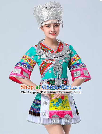 China Miao Nationality Folk Dance Clothing Hmong Ethnic Performance Outfits Yunnan Minority Green Short Dress