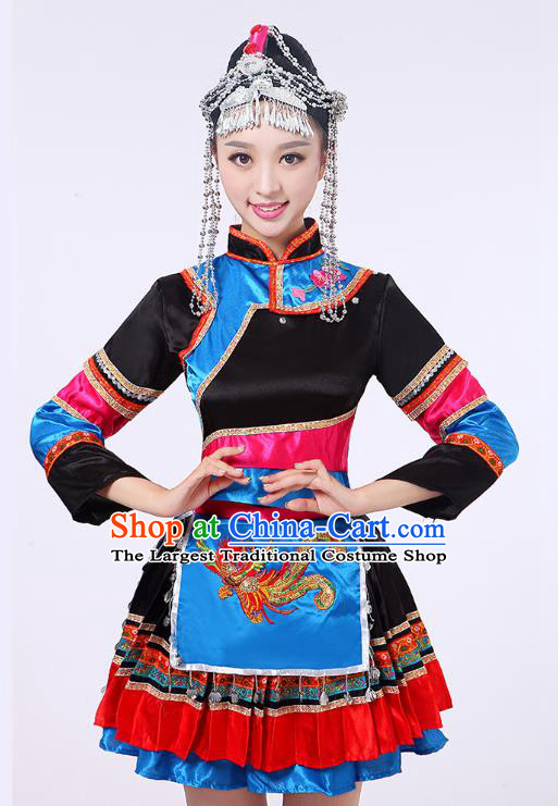 China She Nationality Folk Dance Clothing Yunnan Ethnic Performance Outfits Yao Minority Dress and Hair Accessories