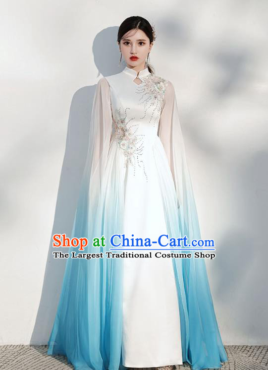 China Annual Meeting Compere Clothing Chorus Performance White Satin Full Dress Modern Dance Costume