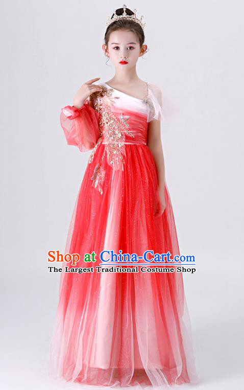 Top Grade Catwalks Red Veil Full Dress Children Day Stage Show Costume Girl Princess Fashion