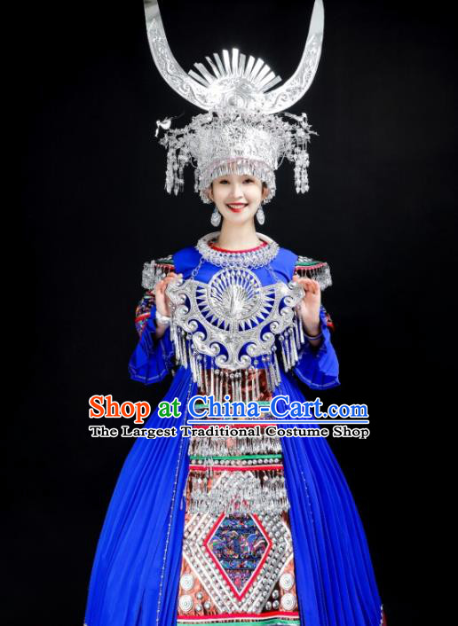 China Xiangxi Ethnic Royalblue Dress Miao Nationality Stage Performance Clothing Hmong Folk Dance Costumes and Headwear