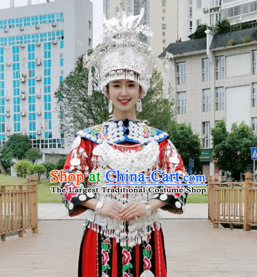 China Miao Nationality Bride Clothing Xiangxi Minority Folk Dance Costumes Ethnic Wedding Red Dress and Jewelry Accessories