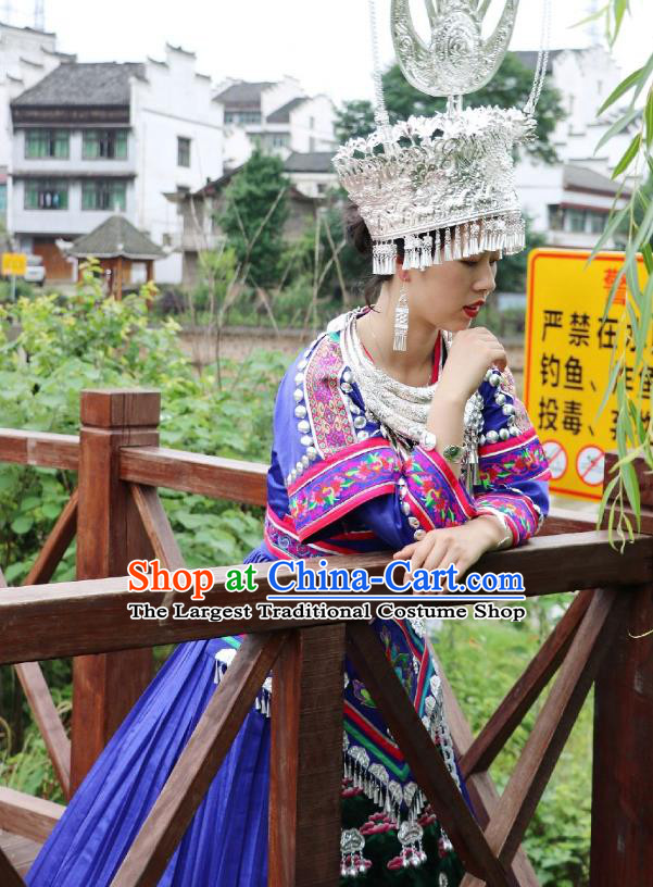 China Hmong Ethnic Stage Performance Blue Dress Miao Nationality Clothing Xiangxi Minority Dance Outfits and Headdress