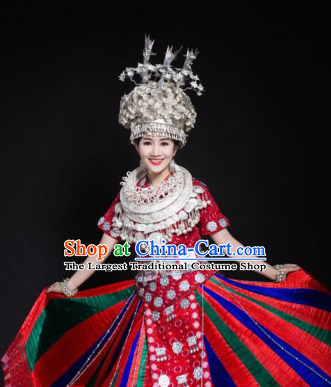 China Xiangxi Hmong Minority Bride Red Outfits Ethnic Folk Dance Dress Miao Nationality Wedding Clothing and Headdress