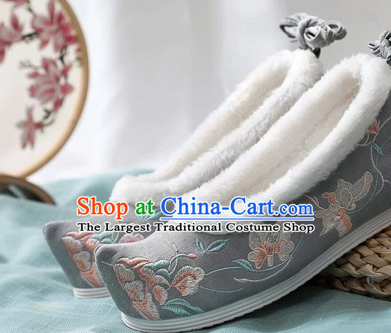 China Traditional Embroidered Shoes National Winter Cotton Shoes Handmade Grey Cloth Hanfu Shoes