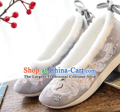 China Traditional Embroidered Nine Tail Fox Shoes Folk Dance Shoes National Woman Winter Grey Cloth Shoes