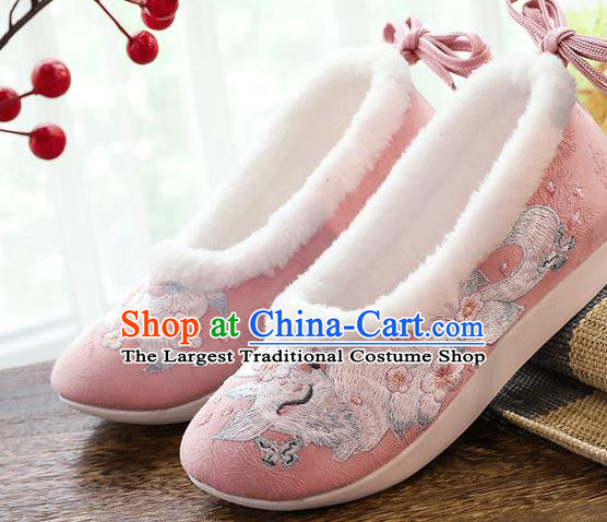 China Traditional Folk Dance Shoes National Woman Winter Pink Cloth Shoes Embroidered Nine Tail Fox Shoes