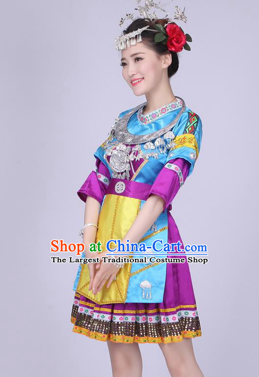 China Xiangxi Ethnic Performance Outfits Yao Minority Blue Dress Tujia Nationality Folk Dance Clothing and Hair Accessories