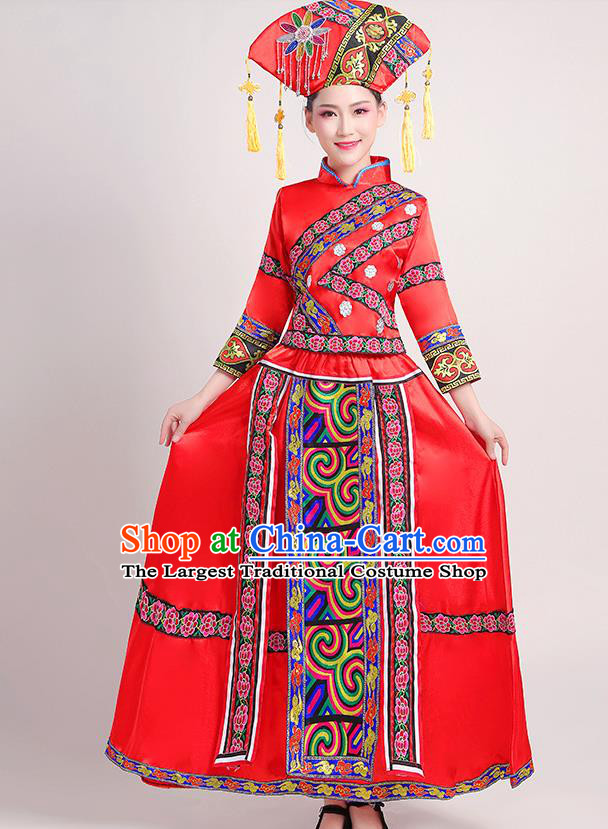 China Zhuang Nationality Clothing Guangxi Ethnic Performance Outfits Minority Folk Dance Red Dress and Hat