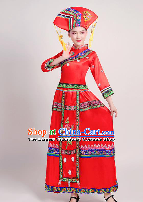 China Minority Folk Dance Dress Zhuang Nationality Female Clothing Guangxi Ethnic Performance Red Outfits and Headdress