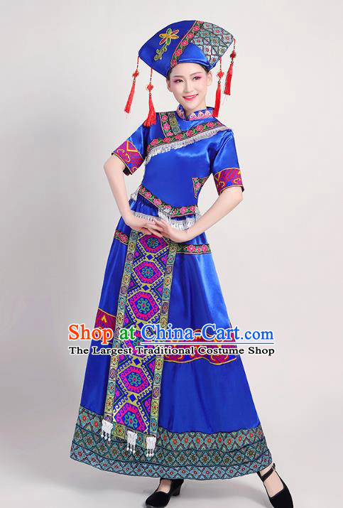 China Zhuang Nationality Female Clothing Guangxi Ethnic Performance Royalblue Outfits Tujia Minority Folk Dance Dress and Headwear