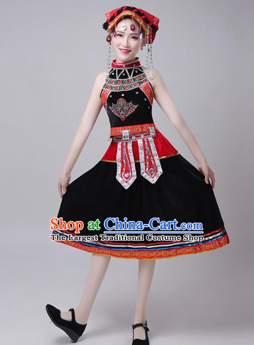 China Traditional Yao Nationality Folk Dance Costumes Yi Minority Ethnic Stage Performance Black Short Dress Outfits