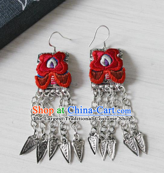 China National Embroidered Red Earrings Traditional Cheongsam Silver Tassel Ear Accessories