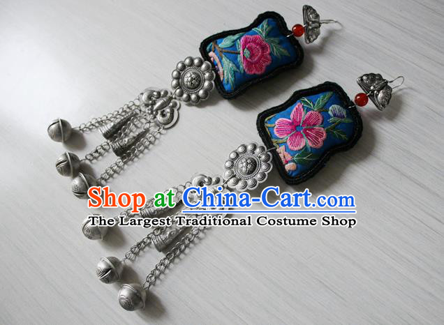 China Traditional Cheongsam Embroidered Ear Jewelry National Guizhou Miao Silver Bells Tassel Earrings