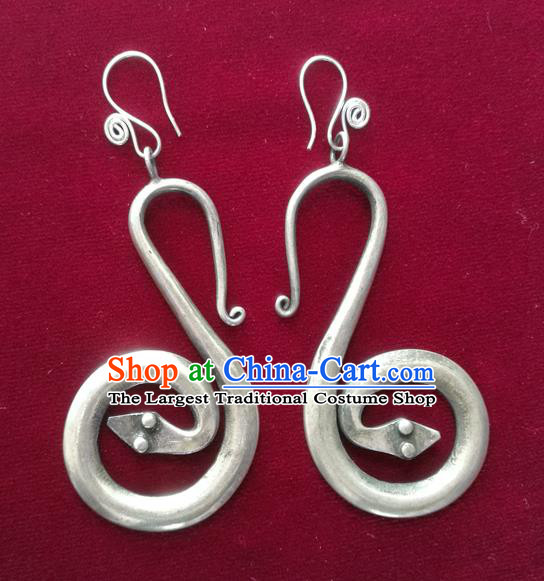 China Guizhou Ethnic Woman Silver Snake Earrings Traditional Miao Nationality Dance Ear Accessories