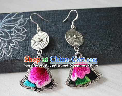 China Traditional Miao Nationality Embroidered Ear Accessories Guizhou Hmong Ethnic Folk Dance Silver Earrings