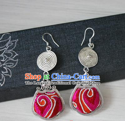 China Traditional Miao Nationality Bride Embroidered Rosy Ear Accessories Handmade Guizhou Hmong Ethnic Wedding Silver Earrings