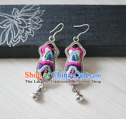 China Handmade Guizhou Miao Ethnic Embroidered Earrings Traditional Hmong Nationality Silver Gourd Ear Accessories